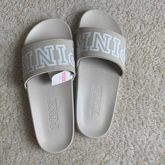 PINK Victoria's Secret Shoes - Victoria Secret PINK Slides Stone Tan and White Large 9/10 NWT